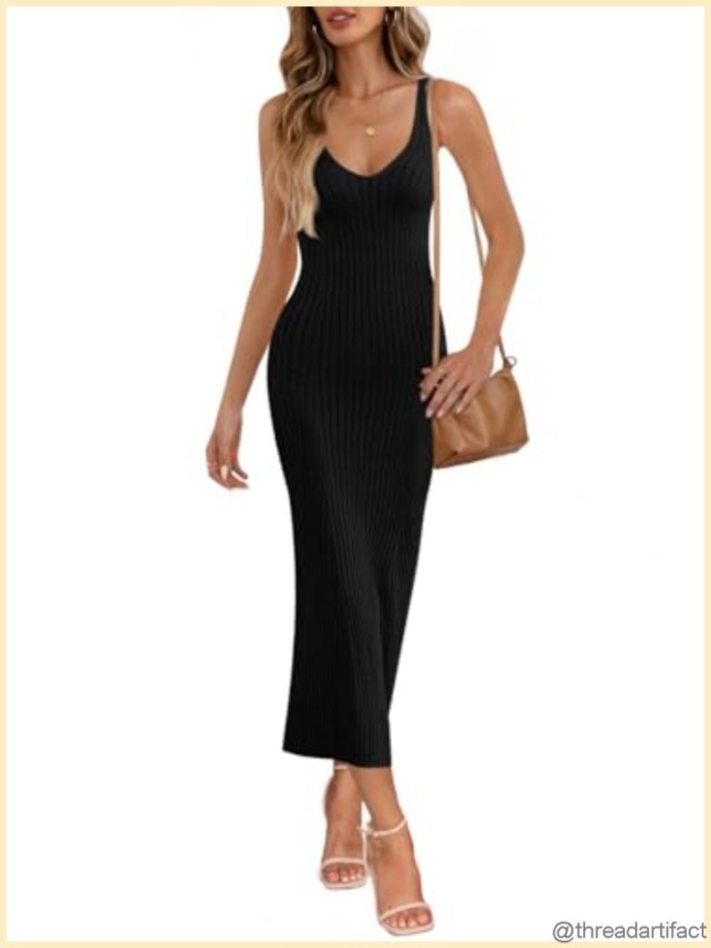 Womens Rib Knit Bodycon Midi Dress Sleeveless Deep V Neck Slim Fit